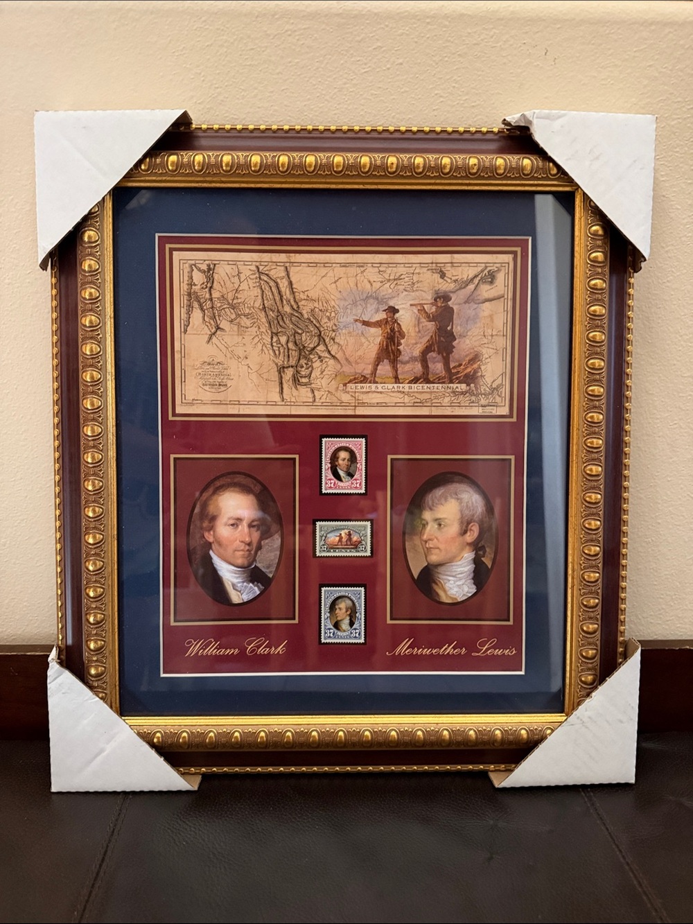 Framed Lewis & Clark Bicentennial Art Collage Features Portraits, Map & 3 Stamps